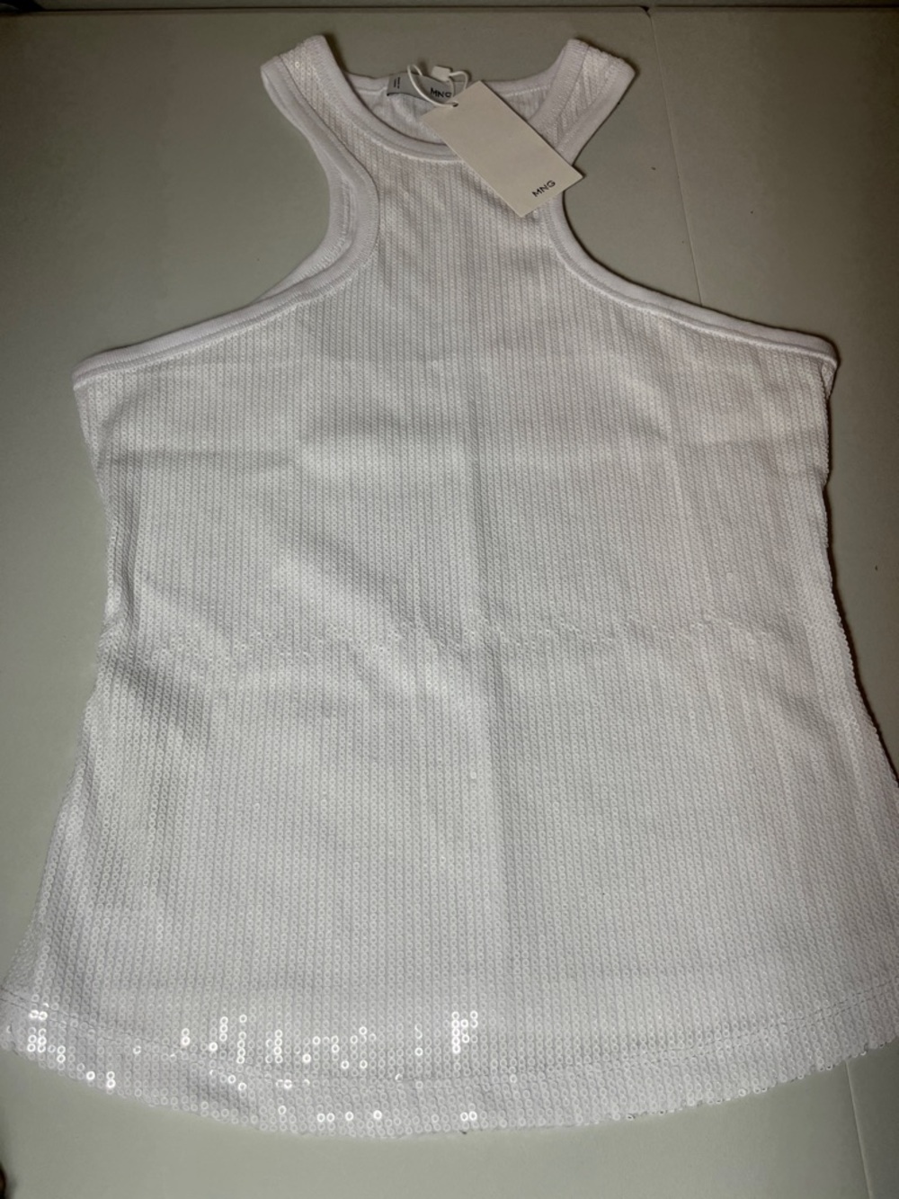 Mango White Sequin-Hem High-Neck Tank